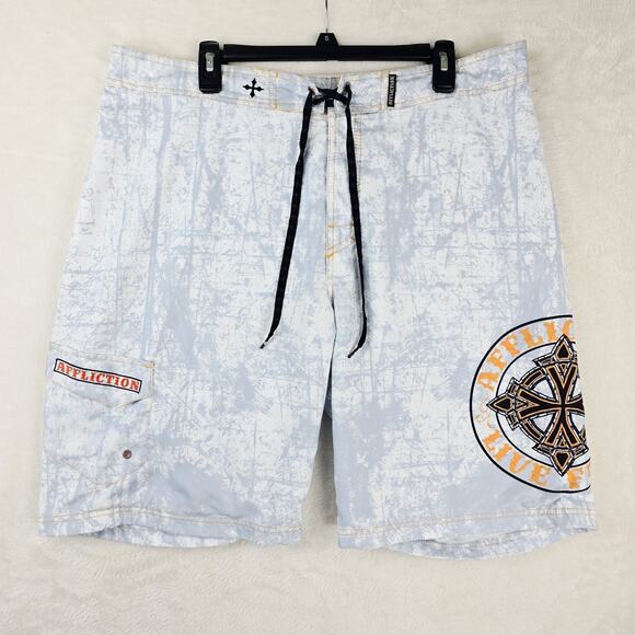 Affliction Board Shorts Mens 38 Gray White Cement Splatter AOP Logo Y2K Grunge - Picture 2 of 12